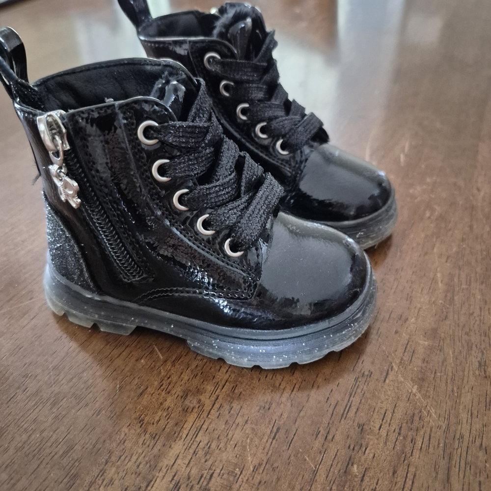 Shiny Black Kids Boots with Zipper Detail